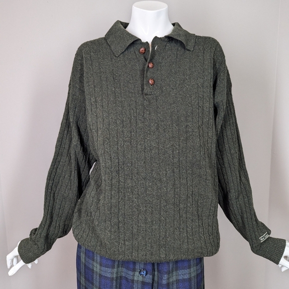 Vintage 90s West Coast Wool Cable Knit Sweater Olive Green Oversized Grandpa Sty - Picture 4 of 11